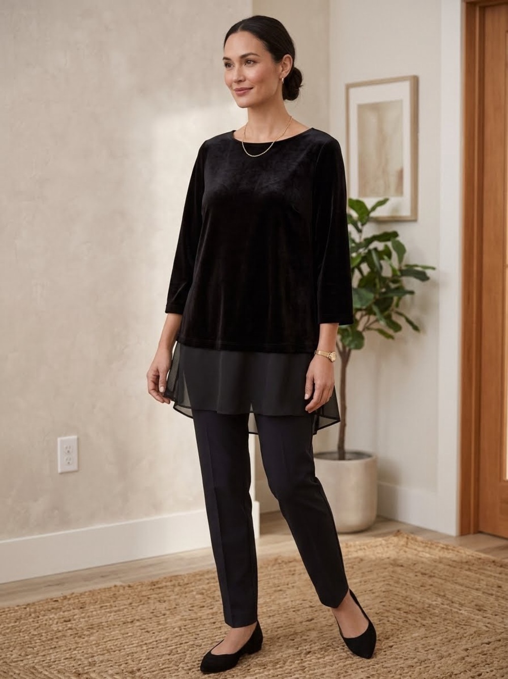 Chico's Black Velvet Tunic with Chiffon Layer